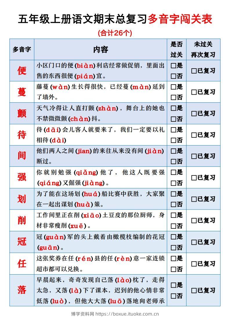 【期末总复习闯关表】五上语文-博学资料网
