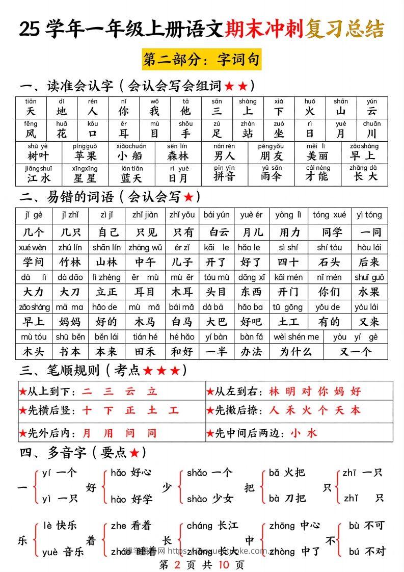 图片[2]-【25学年-期末冲刺复习总结（五大部分）10页】一上语文-博学资料网