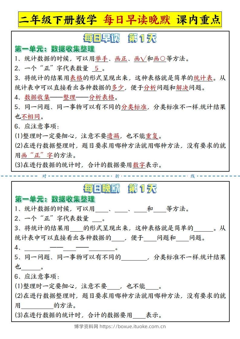 二下数学每日晨读晚默课内重点知识点（人教版）-博学资料网