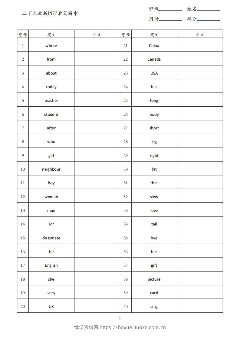 三下人教版英语PEP看英写中-博学资料网