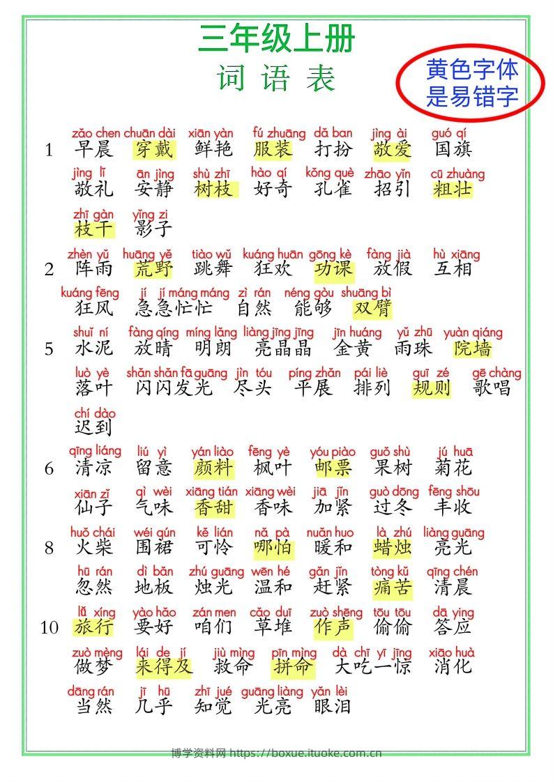 【24秋-期末复习（词语表）】三上语文-博学资料网
