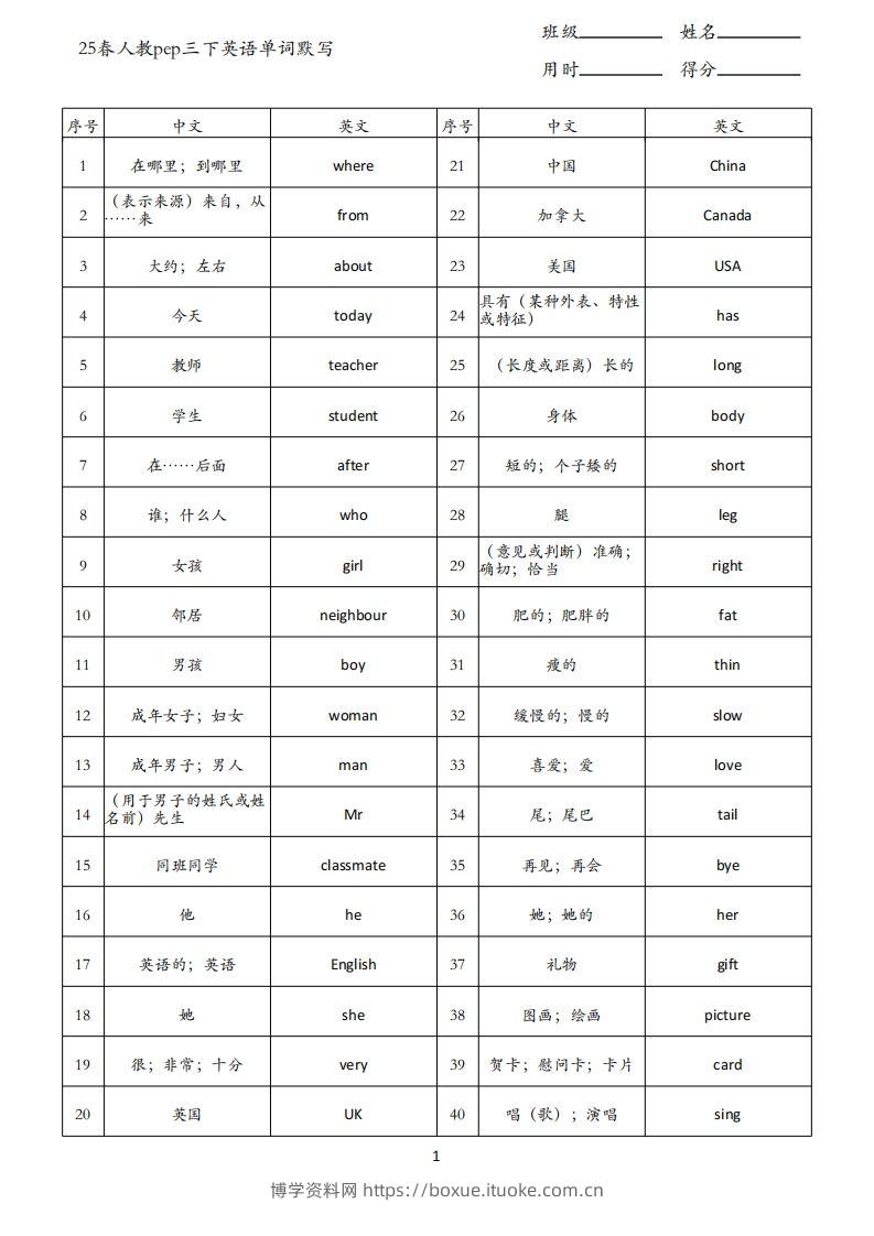 25春人教pep三下英语单词背诵表（3页）-博学资料网