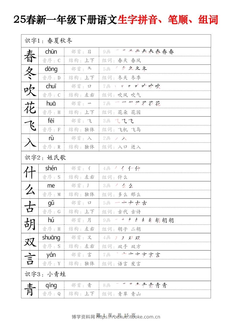 25春新一下语文生字拼音、笔顺、组词（15页）-博学资料网