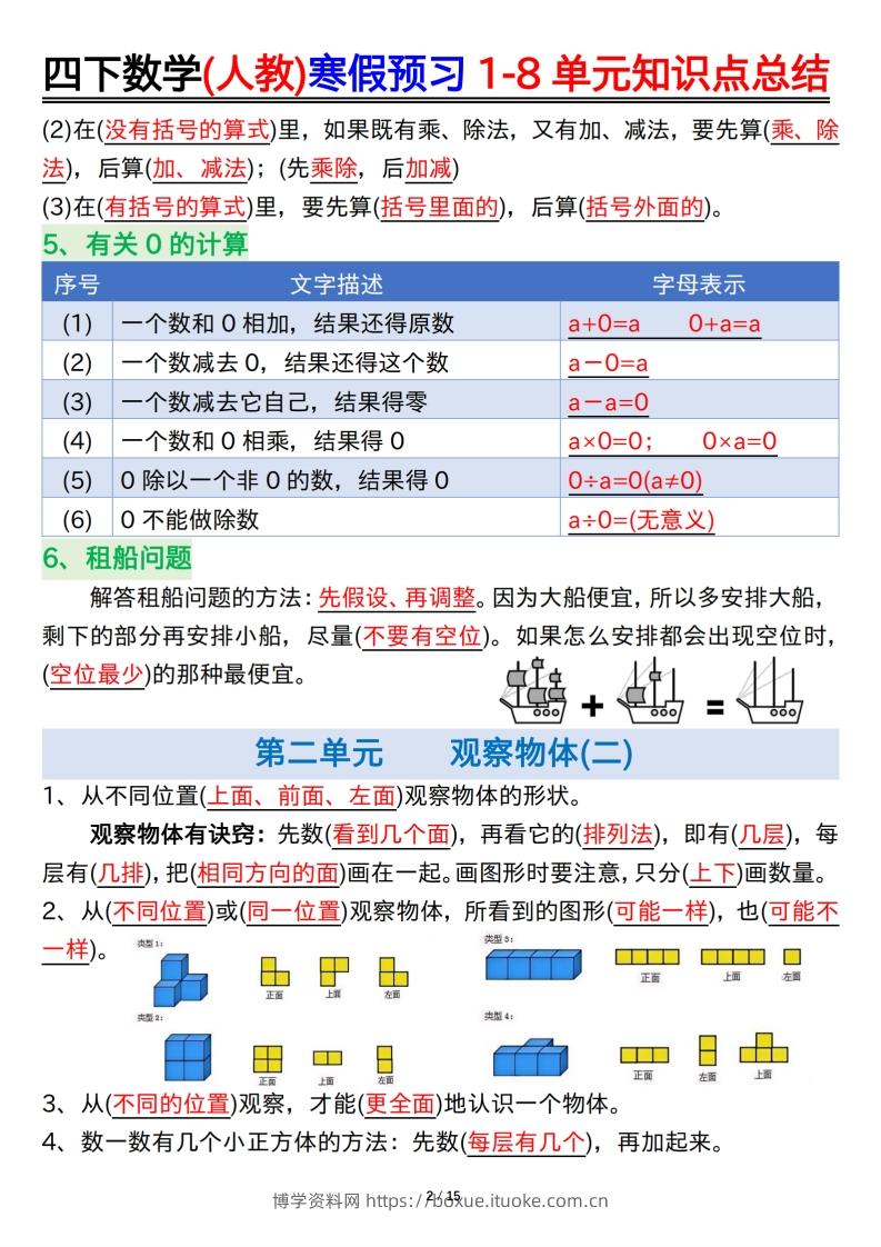 图片[2]-四下数学(人教)寒假预习1-8单元知识点总结（14页）-博学资料网