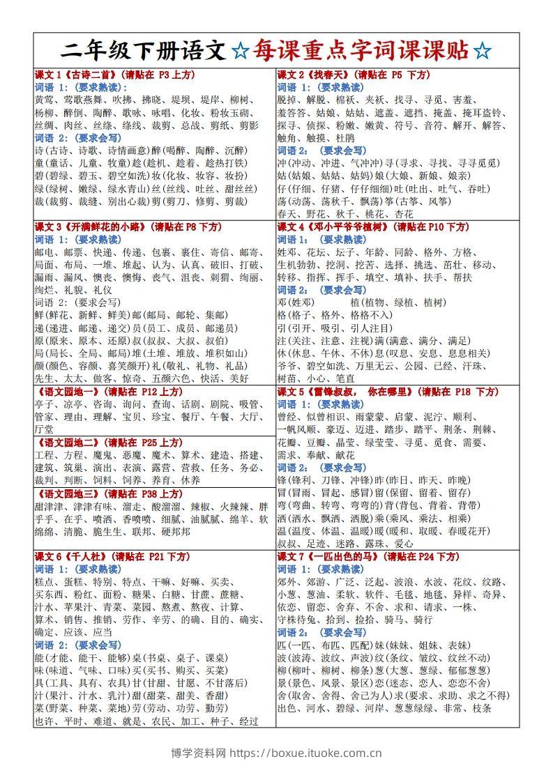 新二下语文每课重点字词课课贴4页-博学资料网