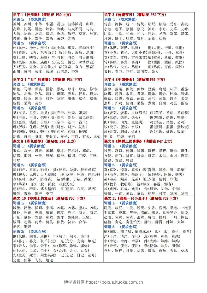 图片[2]-新二下语文每课重点字词课课贴4页-博学资料网