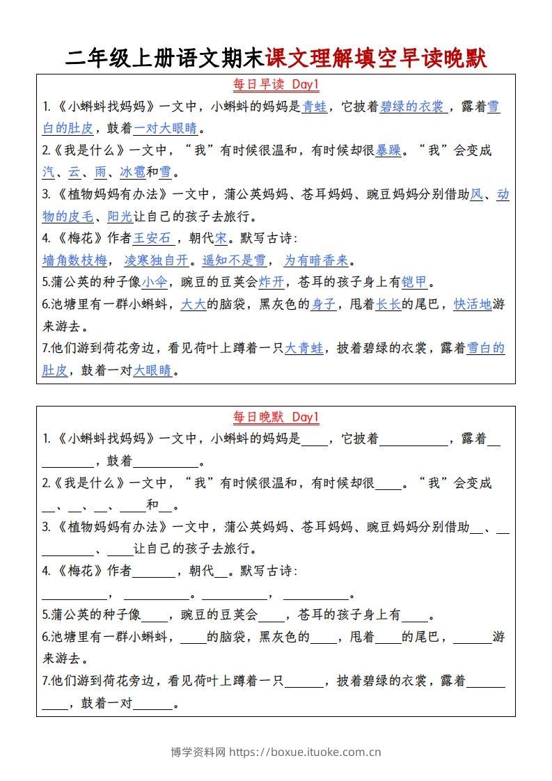 【期末课文理解填空早读晚默】二上语文-博学资料网