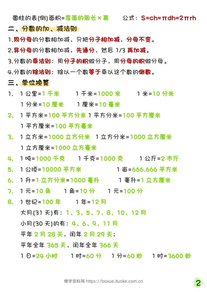 图片[2]-《六年级下册数学寒假预习必背重点公式》六下数学(1)-博学资料网