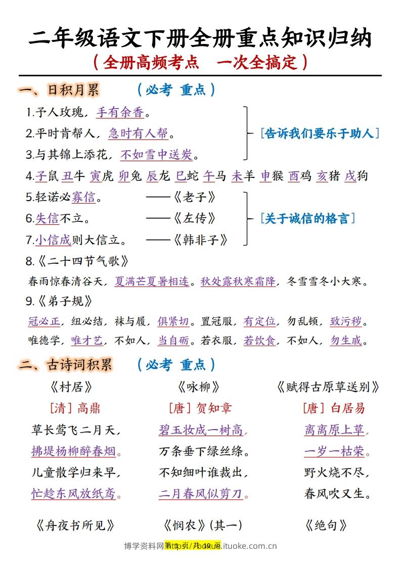 二年级语文下册全册重点知识归纳（10页）-博学资料网