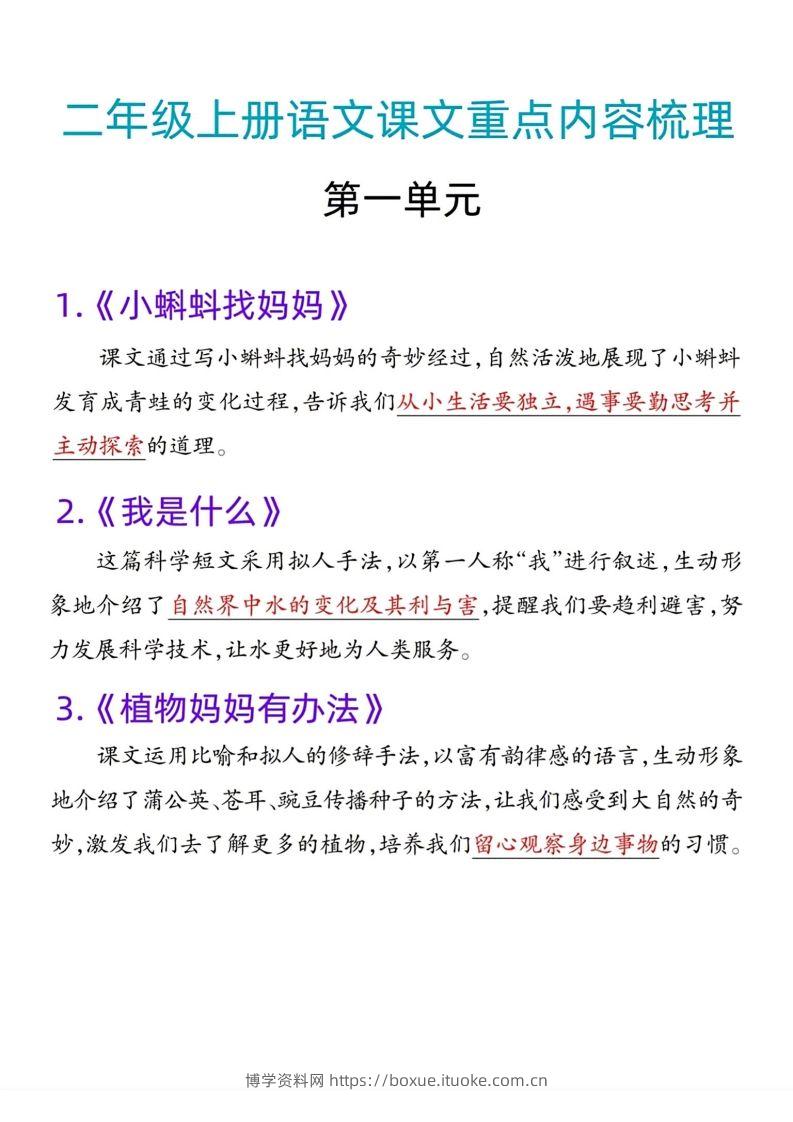 二年级语文上册课文重点内容梳理-博学资料网