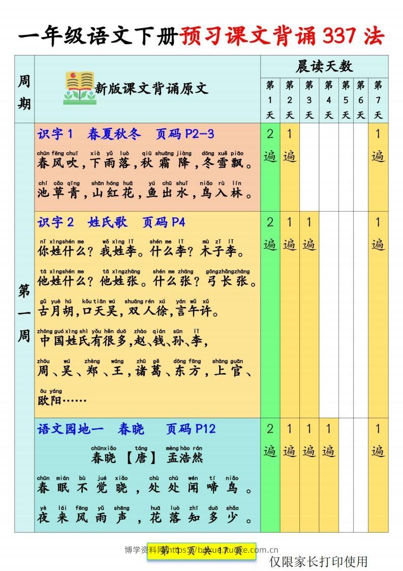 一年级语文【预习课文背诵337法】-博学资料网