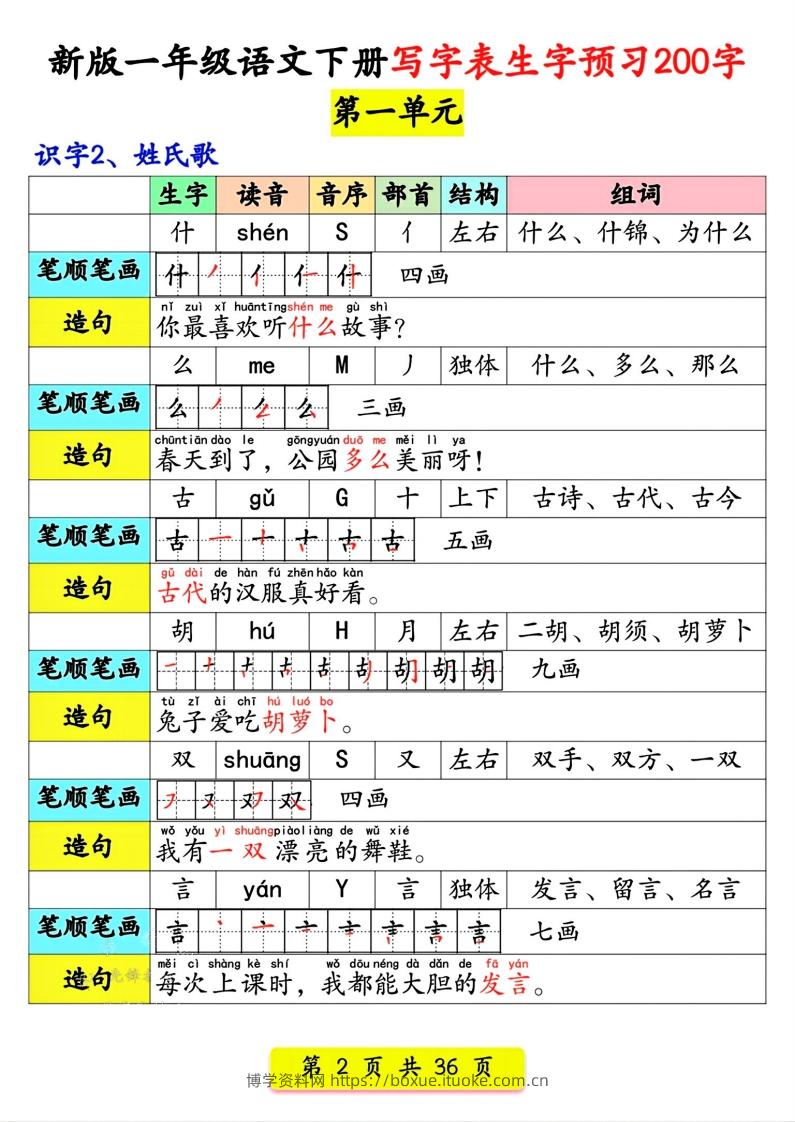 图片[2]-【预习】新版一年级语文下册写字表生字预习200字-博学资料网