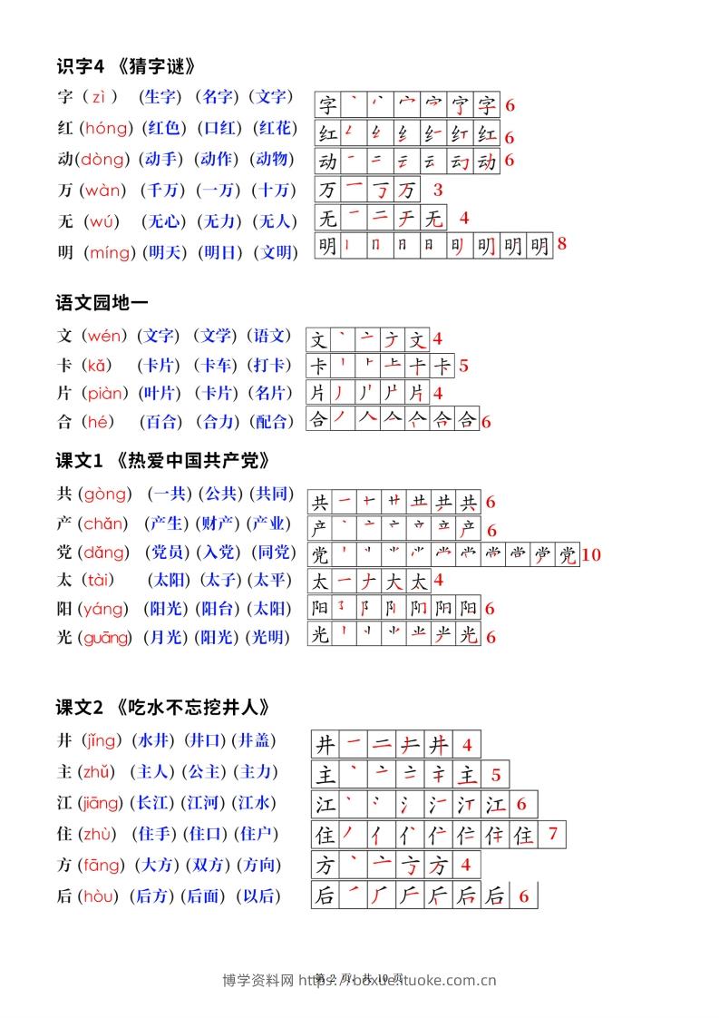 图片[2]-新版一下语文生字笔顺拼音组词（课课贴课本贴）10页-博学资料网