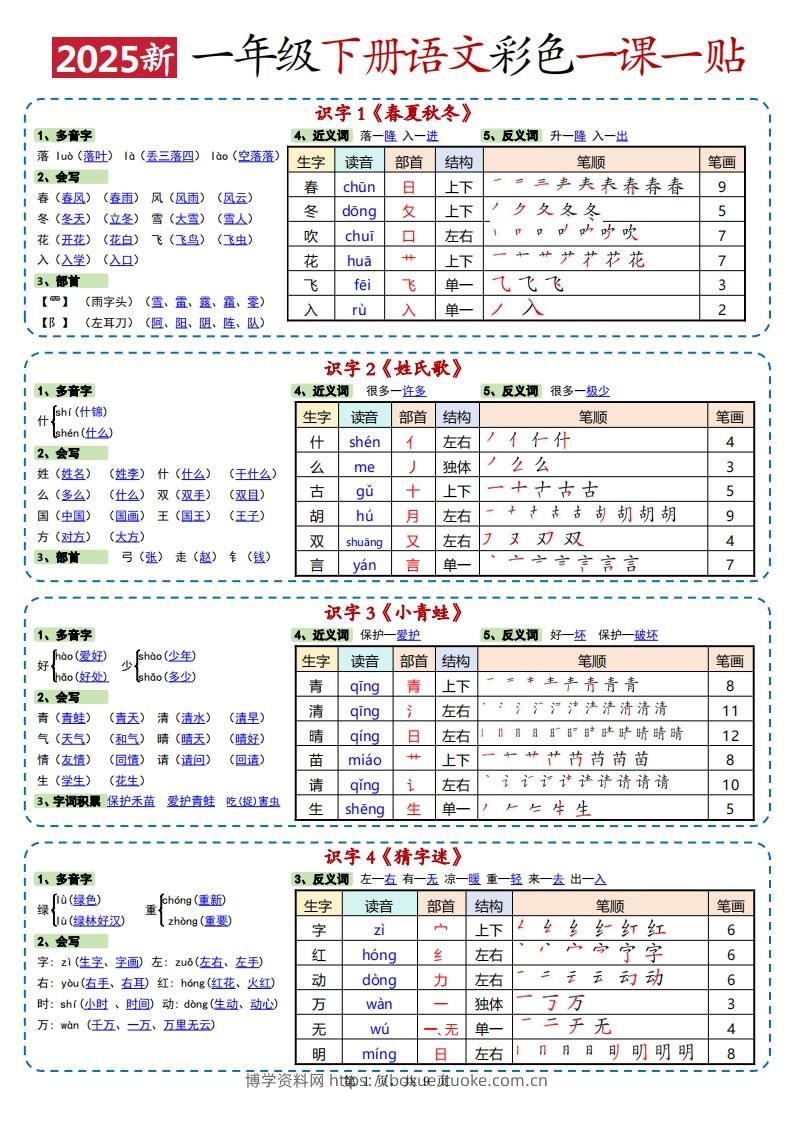 25春新一下语文彩色一课一贴高清（9页）-博学资料网
