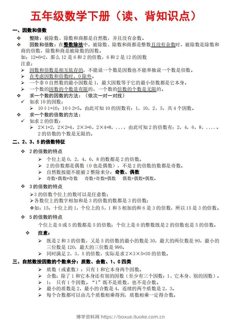五下数学：知识点读背（通用）-博学资料网