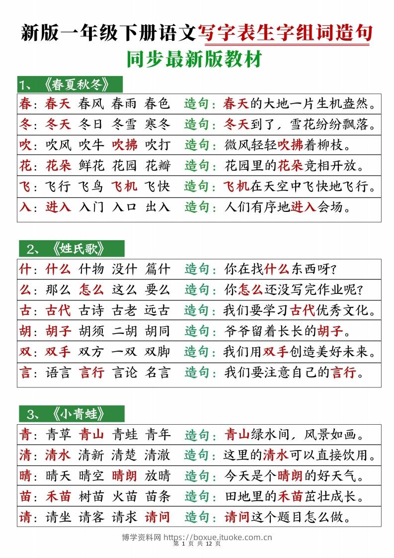 2472【25春新一下语文写字表生字组词造句12页-博学资料网