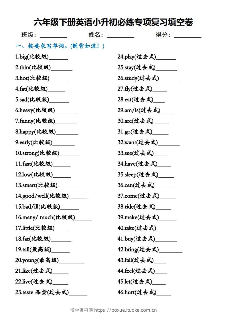 小升初必练专项复习填空卷六下英语(1)-博学资料网