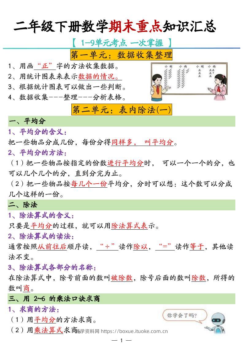 二年级下册数学期末重点知识汇总-博学资料网