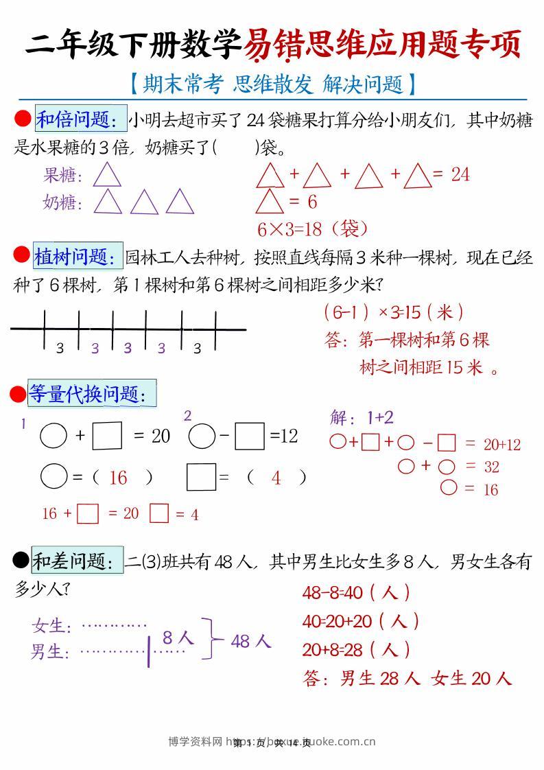 二下数学易错思维应用题专项（28道母题）练习+答案版14页-博学资料网