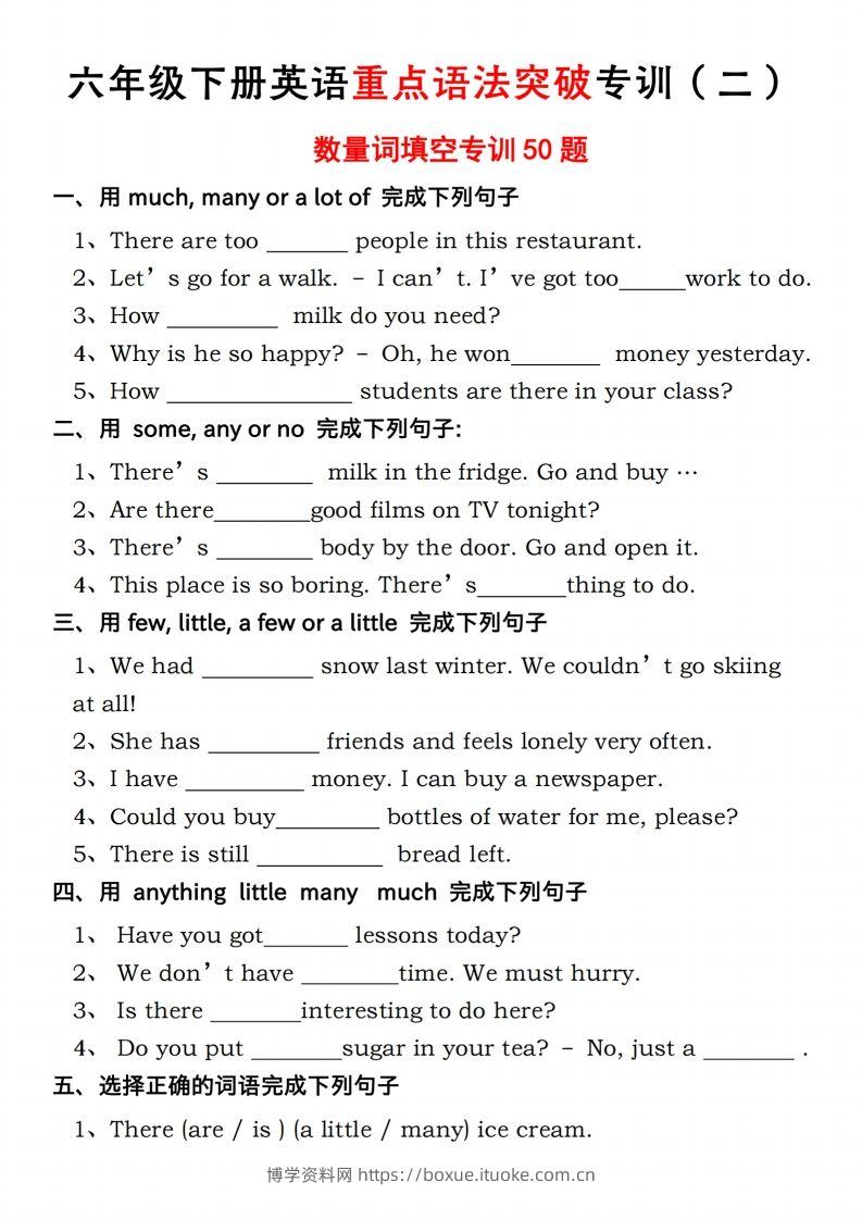 六年级下册人教PEP英语重点语法突破专项训（二）数量词填空-博学资料网