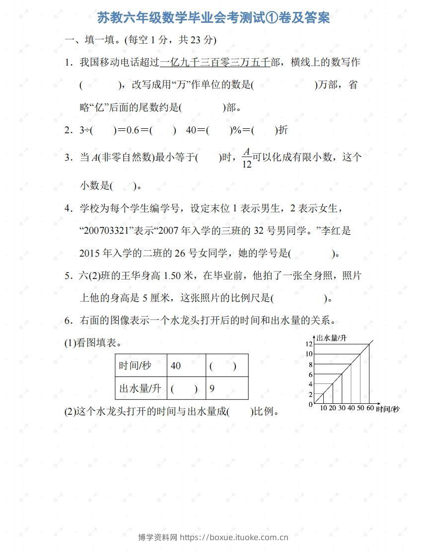 苏教六年级数学下册期末测试①卷及答案-博学资料网