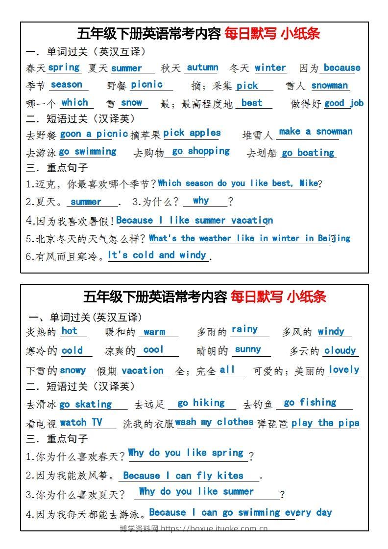 图片[2]-《英语常考内容每日默写小纸条》五下英语人教PEP-博学资料网