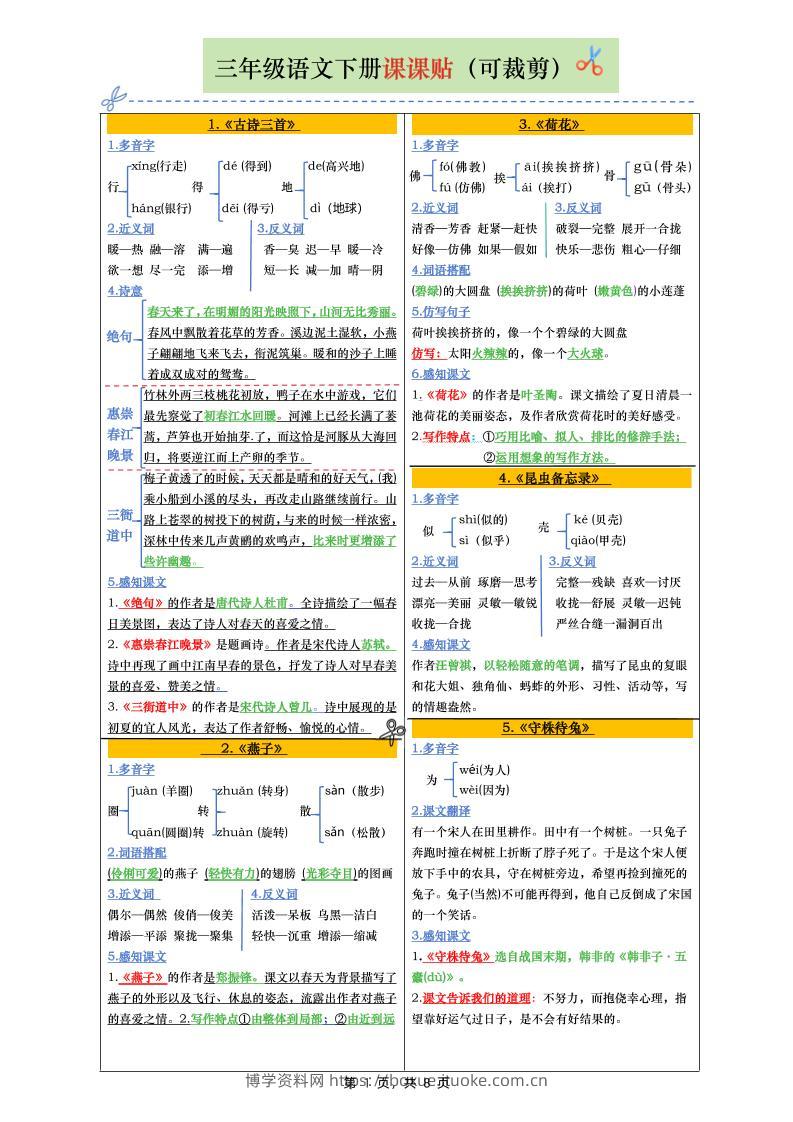 三下语文全册彩色版课课贴（1-28课）8页-博学资料网