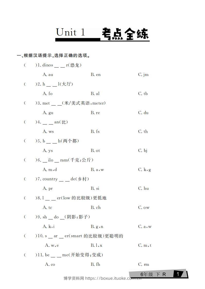 六下英语复习《考点全练》人教PEP版-博学资料网