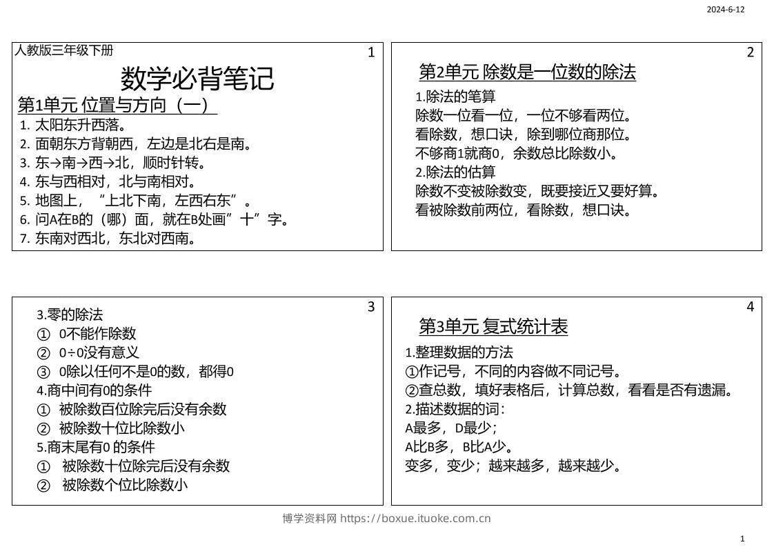 三年级数学下册必背笔记课课贴（4图）-博学资料网
