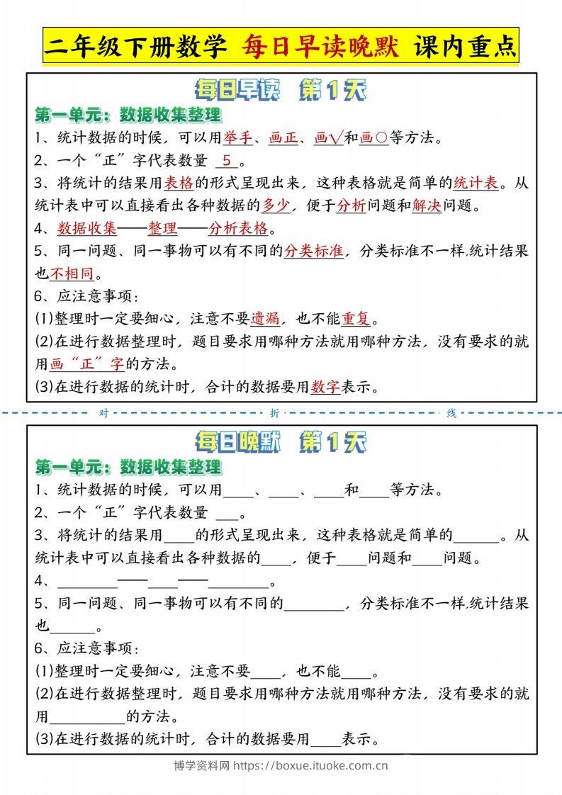 二下人教版数学【每日晨读晚默-重点知识点】-博学资料网