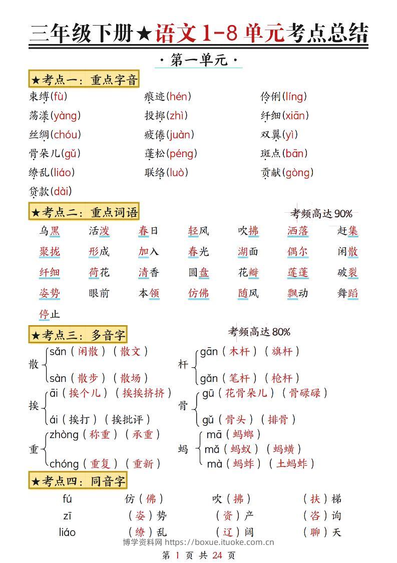 三下语文1-8单元考点总结（24页）-博学资料网