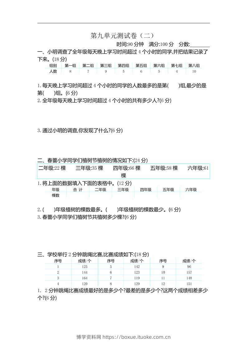 三下苏教版数学第九单元检测卷-2-博学资料网