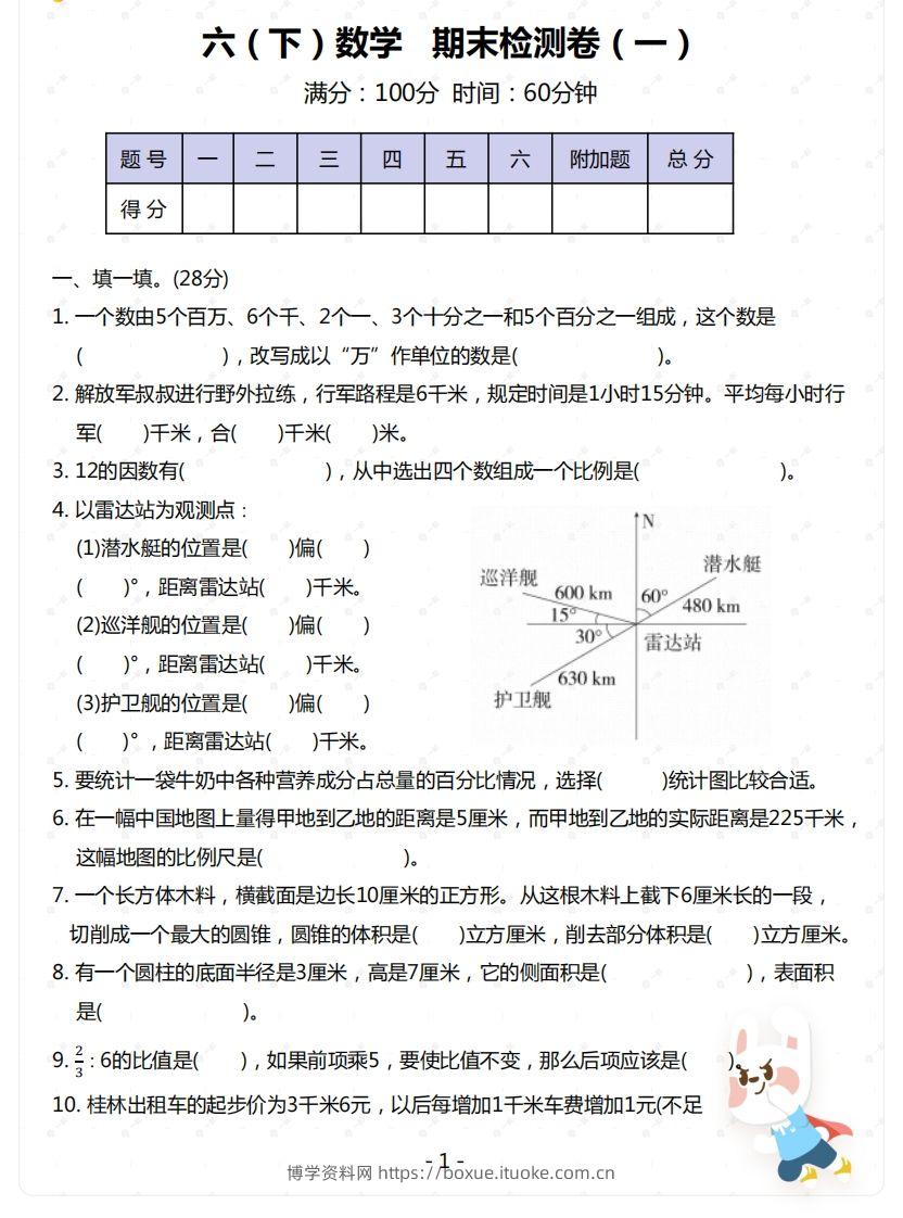 苏教版-六年级下册数学期末检测卷（一）-博学资料网