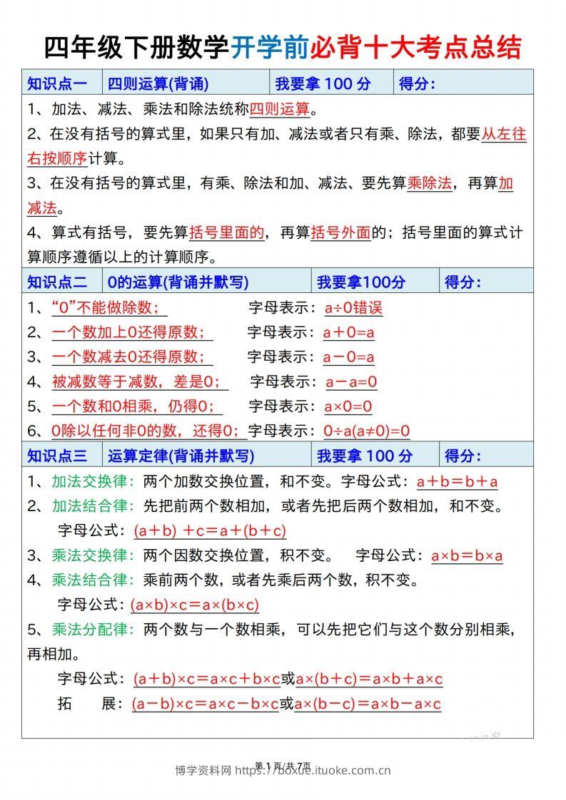 四下数学必背十大考点总结7页-博学资料网