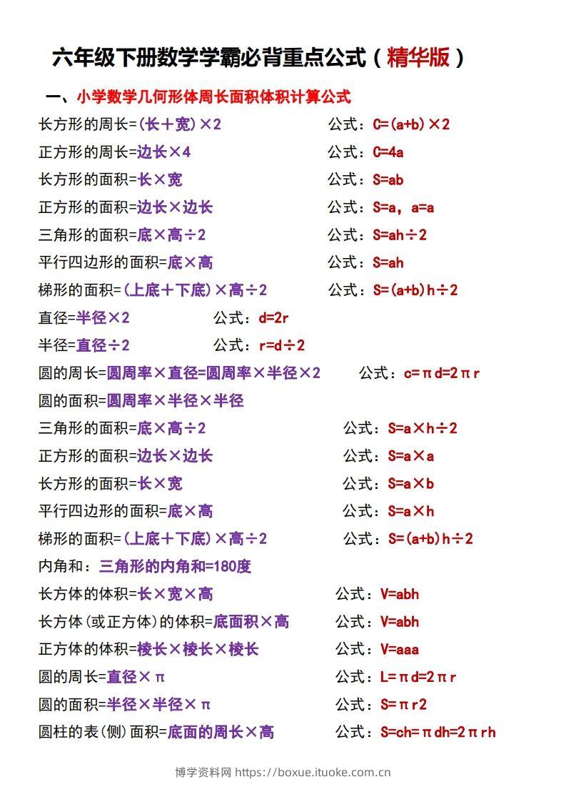 六下数学学霸必背重点公式-博学资料网