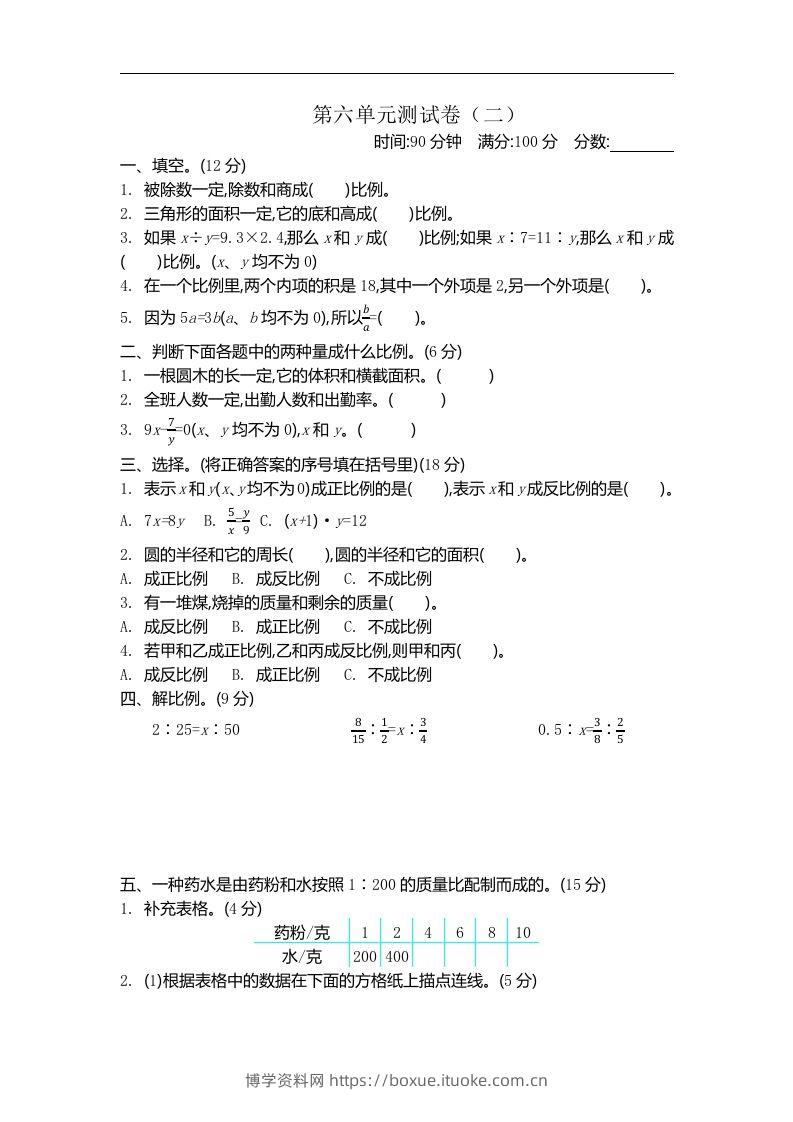 六下苏教版数学第六单元测试卷-2-博学资料网