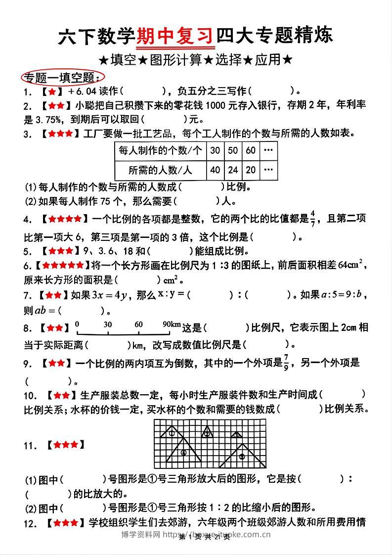 【人教版】六下数学期中复习四大专题精炼（专题一：填空题）(已优化)-博学资料网