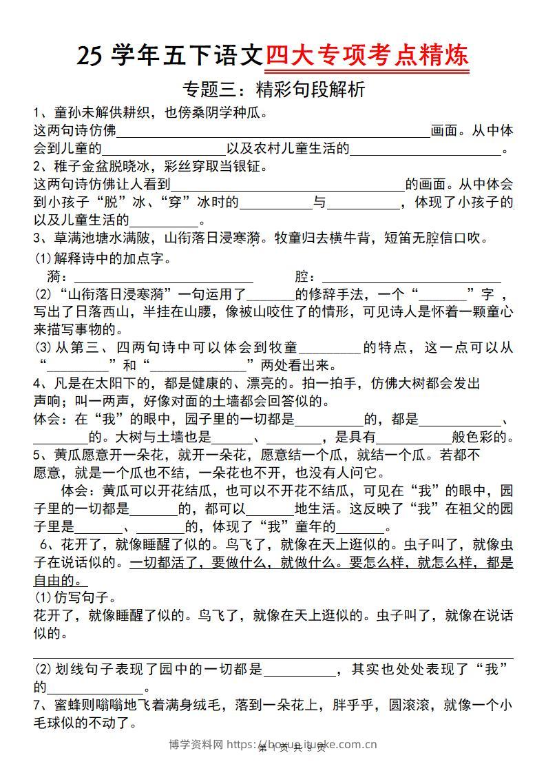25学年五下语文四大专项考点精炼（专题三：精彩句段解析）-博学资料网