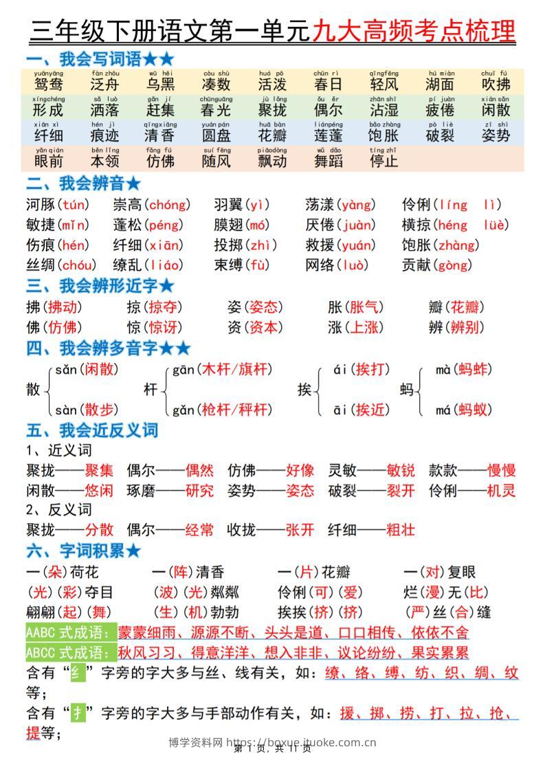三下语文期中复习1-4单元高频考点梳理（11页）-博学资料网