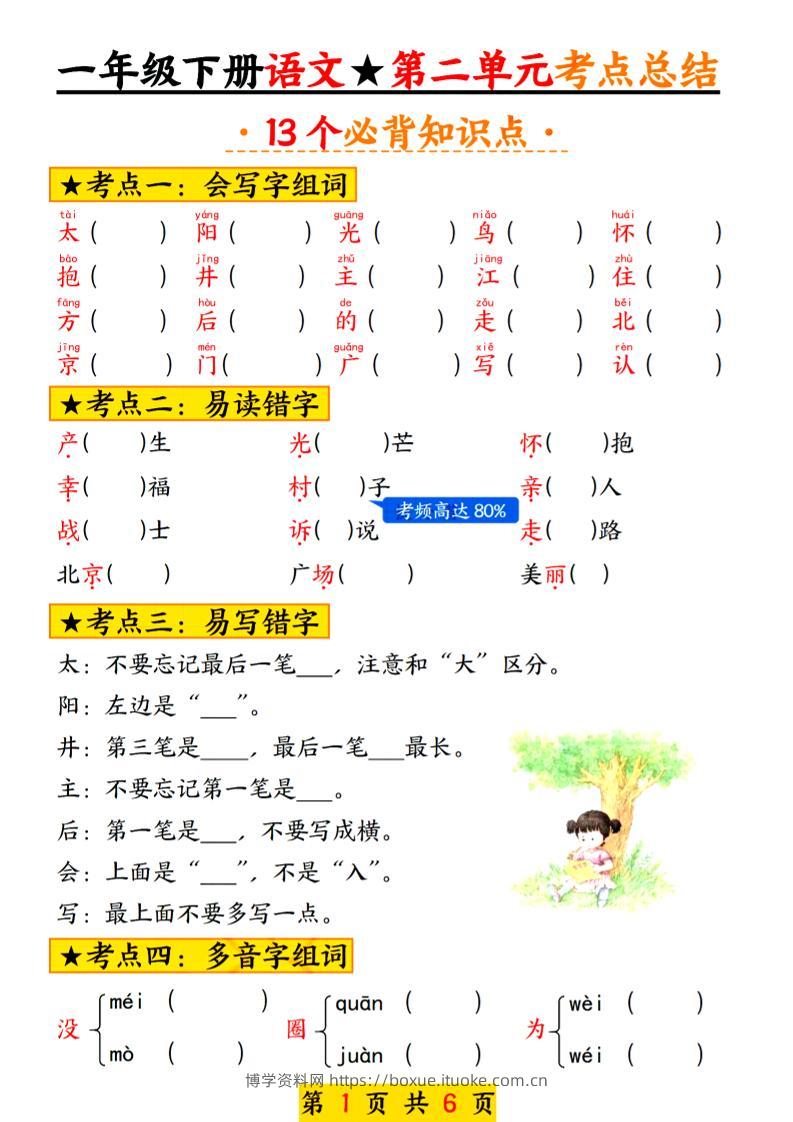 2025新版一年级语文下册第二单元考点总结13个必背-博学资料网