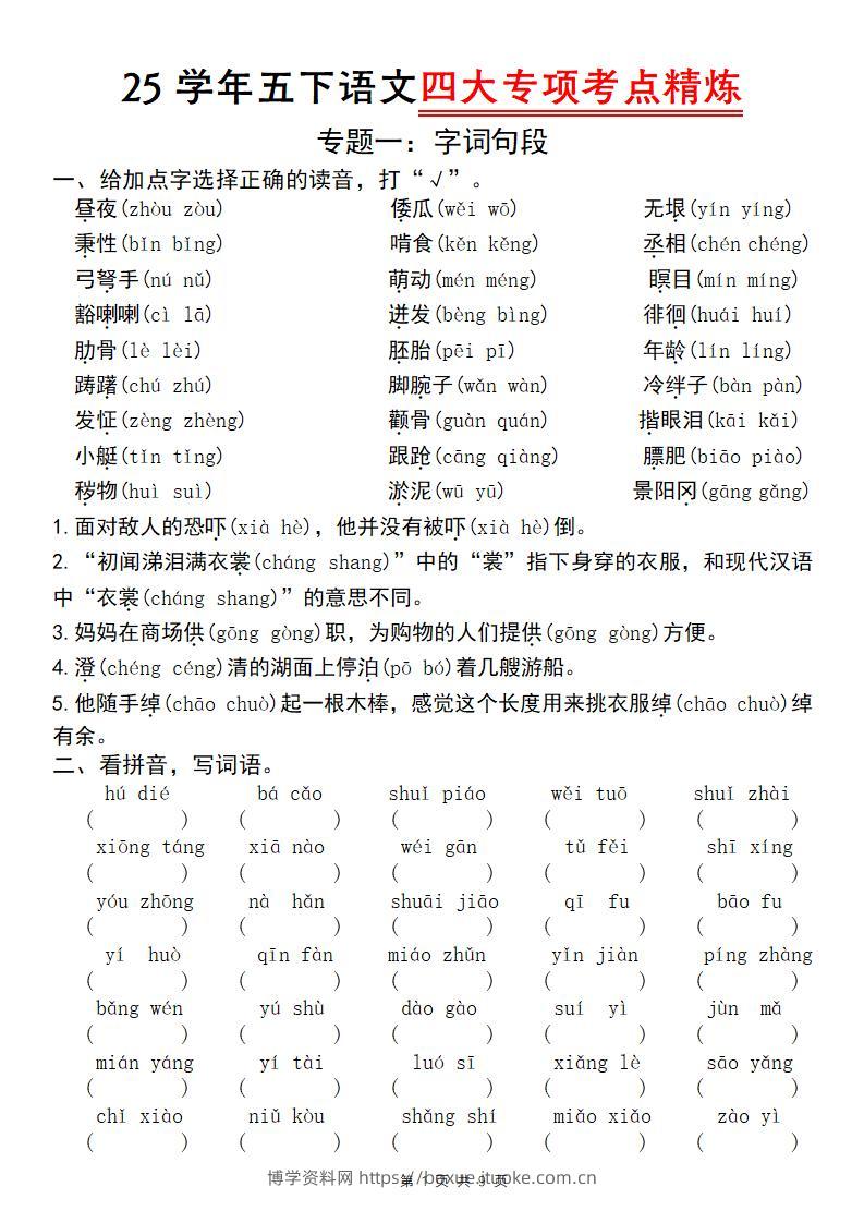 25学年五下语文四大专项考点精炼（专题一：字词句段）-博学资料网