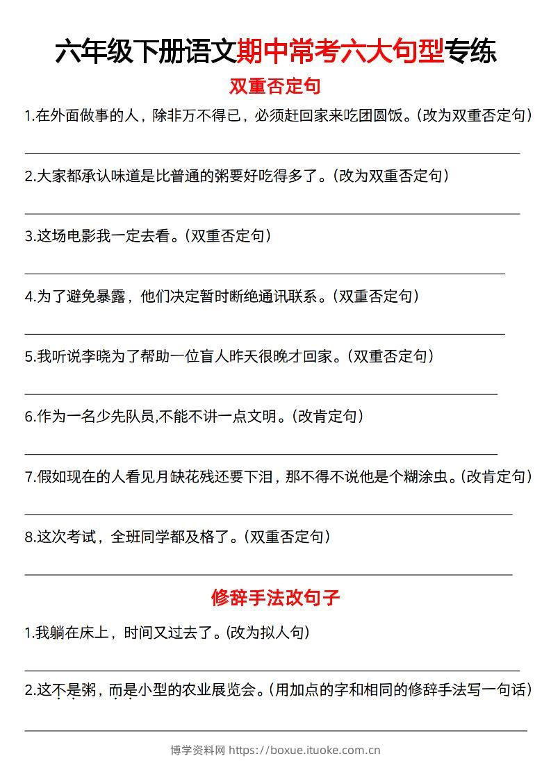 六下语文《语文六大句型期中考点专练》-博学资料网