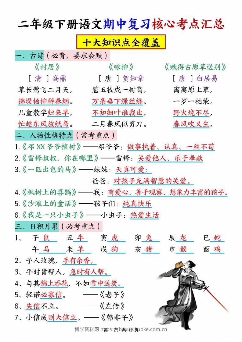 二下语文期中复习核心考点汇总（10大知识点）13页-博学资料网
