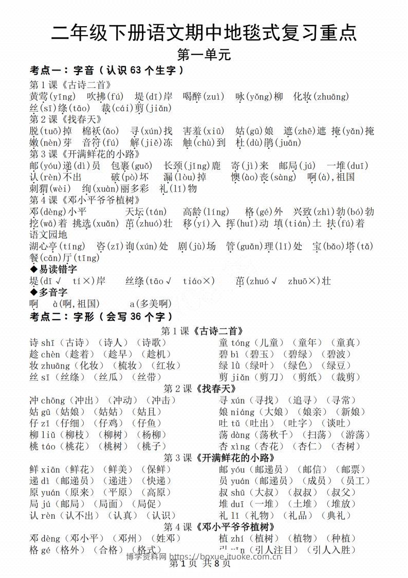 二年级下册语文期中地毯式复习重点8页-博学资料网