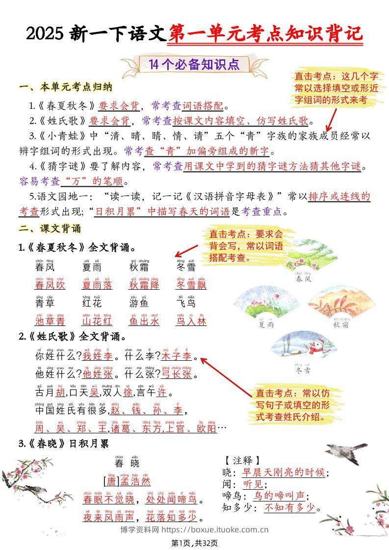 新一下语文1-8单元考点知识背记（32页）-博学资料网