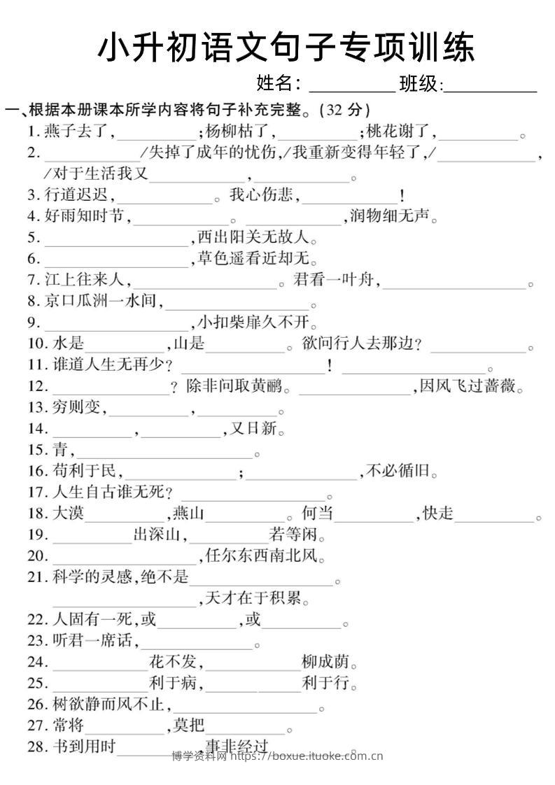 六下小升初语文句子专项训练-博学资料网