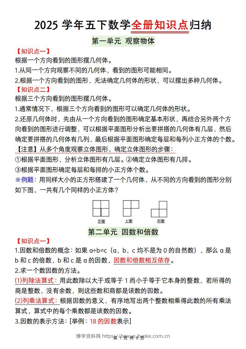 【人教版】2025学年五下数学全册知识点归纳-博学资料网