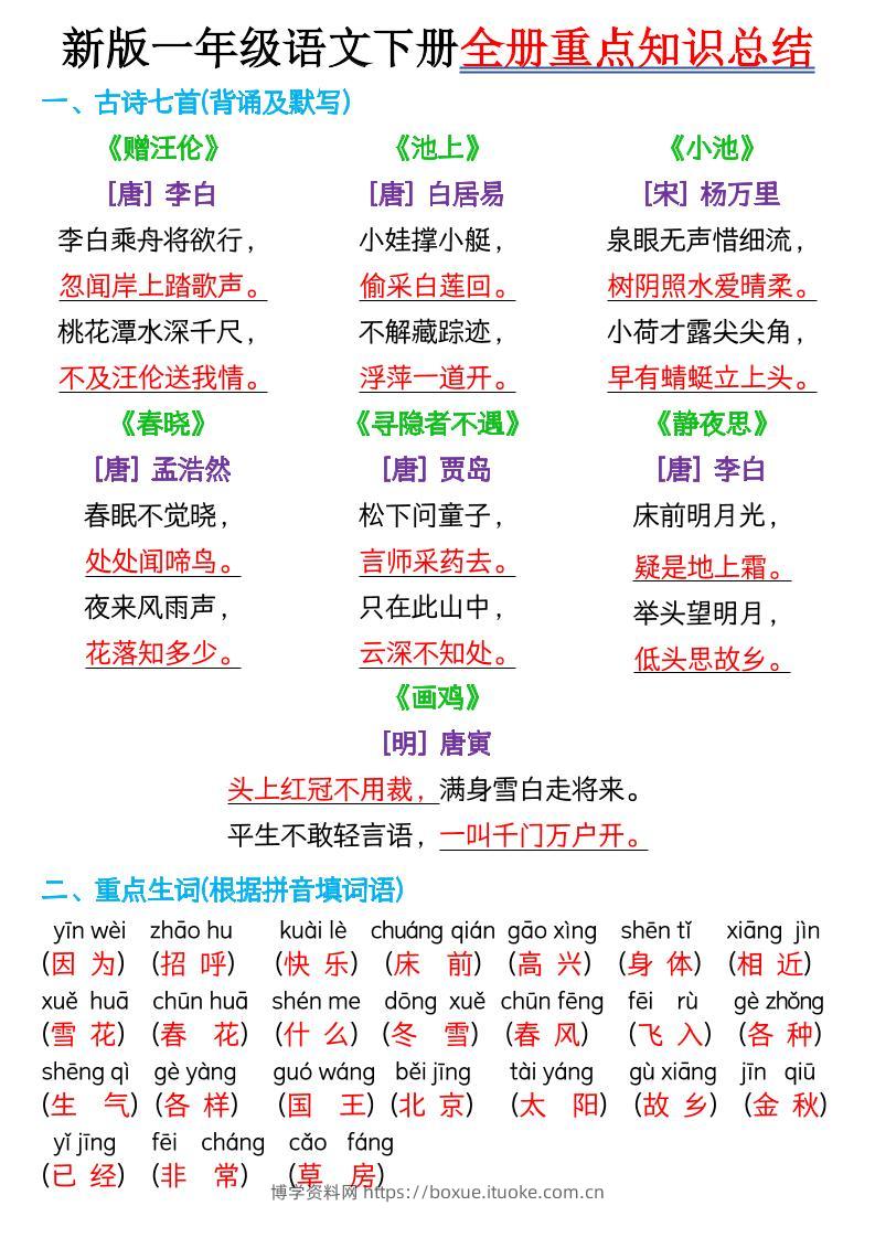 【知识点】新版一年级语文下册全册重点知识总结-7页-博学资料网