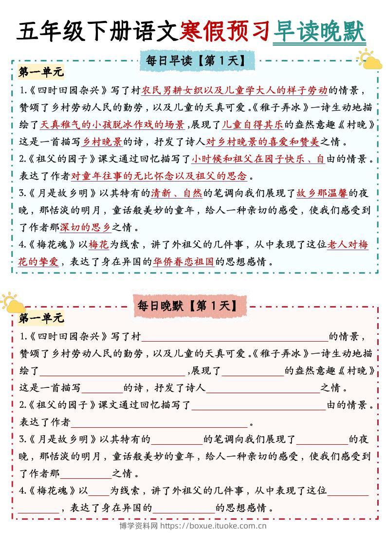 五下语文【中心思想】早读晚默-博学资料网