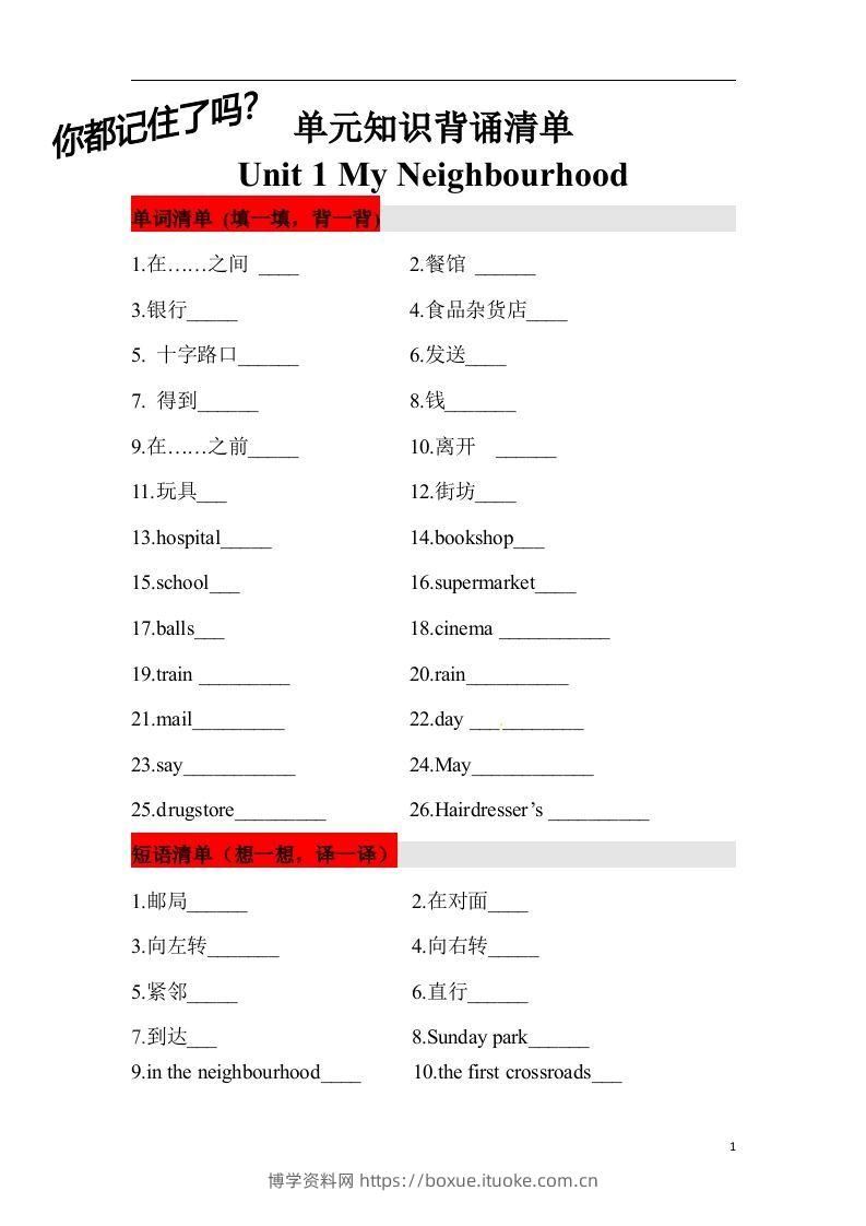 ❤四年级英语下册单元知识背诵清单Unit1MyNeighbourhood人教新起点（含答案）-博学资料网